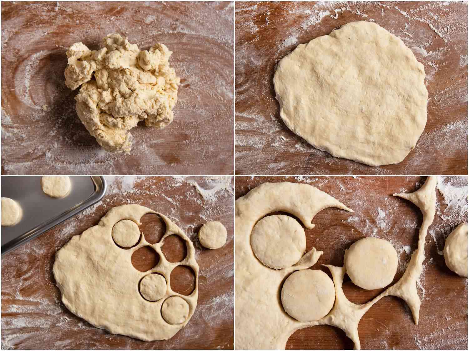 Collage of flattening and cutting biscuit dough