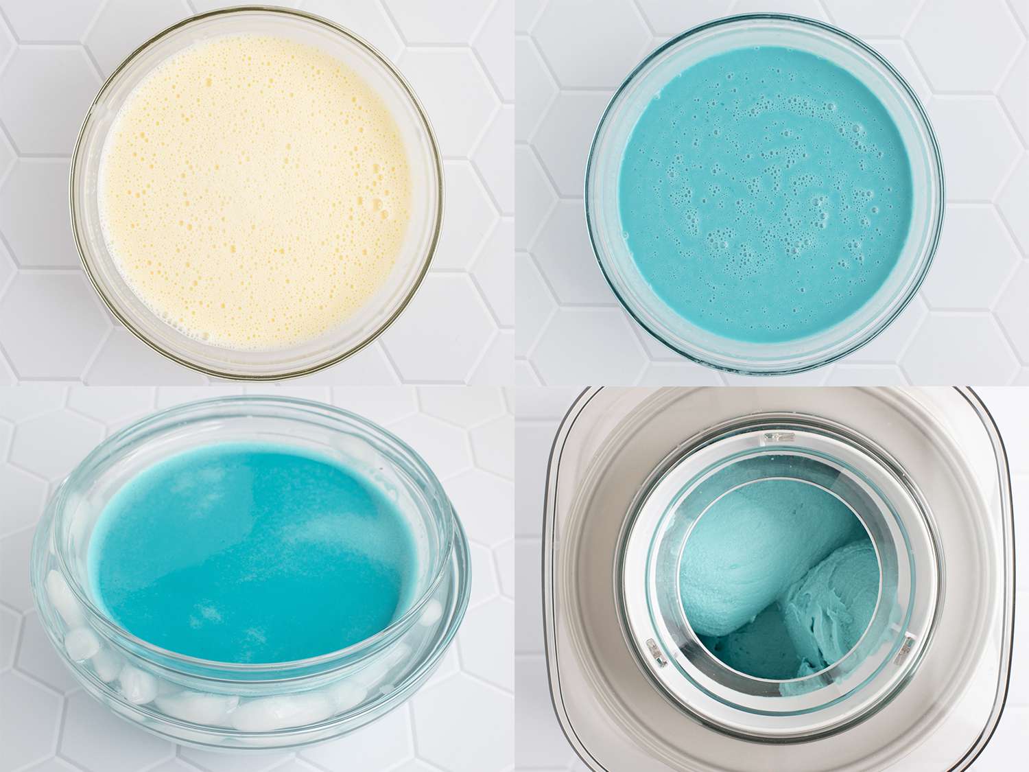 A four-image collage. The top left image shows the tempered cream mixture in a glass bowl. The top right image shows the cream mixture with the blue dye added, showing it's now fully blue. The bottom left image shows the blue cream mixture placed into an ice bath. The bottom right image shows the blue cream mixture being churned inside of an ice cream maker.