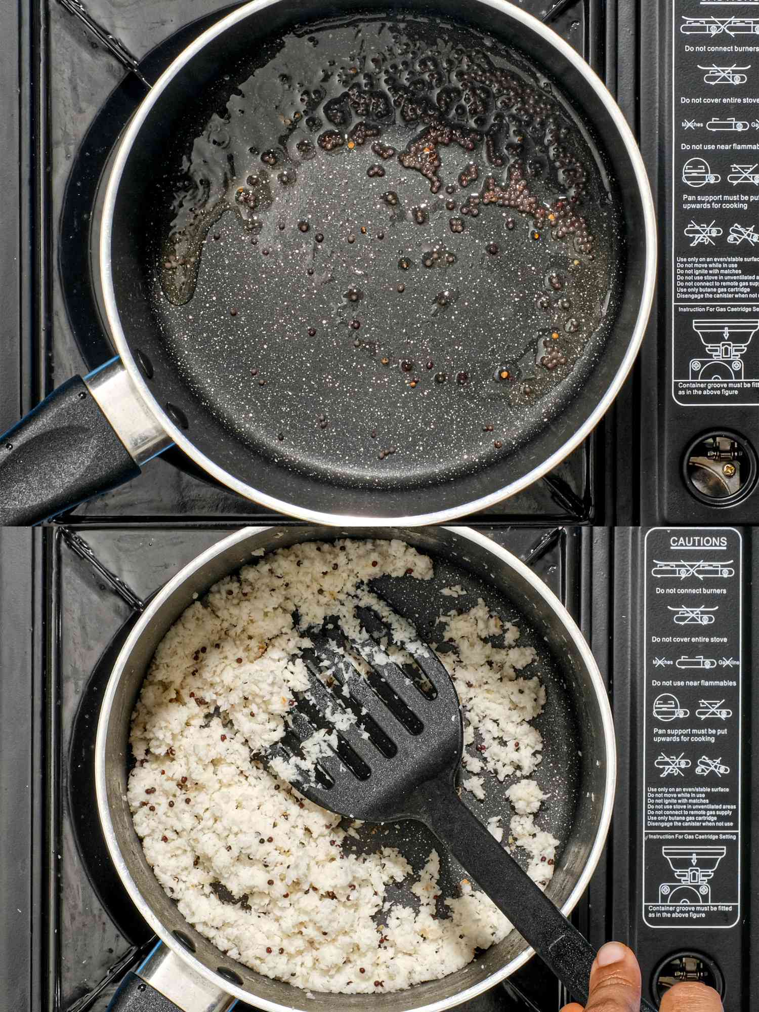 Two image collage of cooking mustard seeds and coconut paste