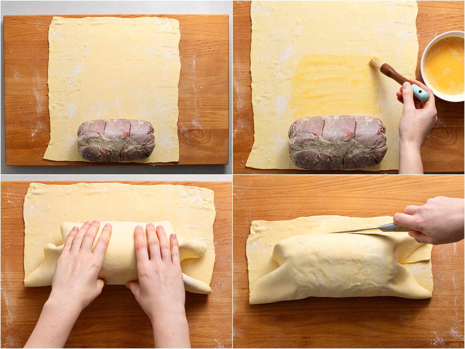 A collage showing the chilled beef being rolled in puff pastry, which is then trimmed with a knife.