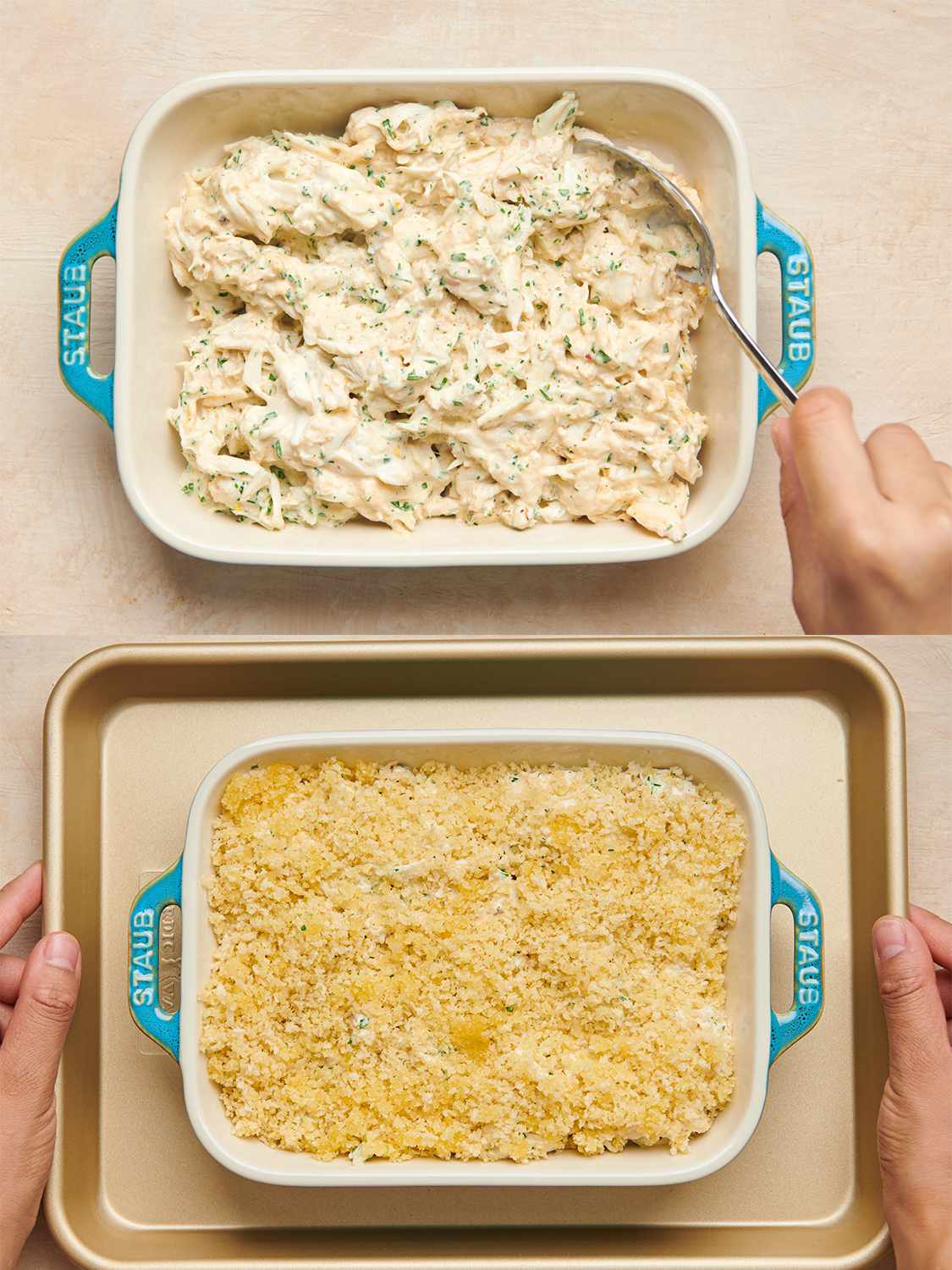 A two-image collage. The top image shows the crab mixture inside of a blue 1-quart baking dish. The bottom image shows the crab in the baking dish, now covered with an even layer of the buttered bread crumbs. The baking dish is inside of a sheet pan, which is being held by two hands.