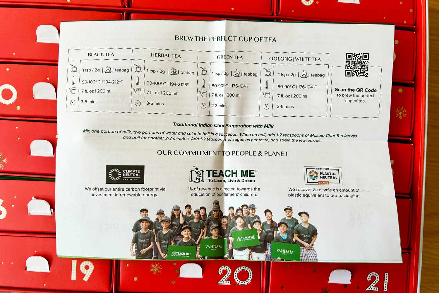 An informational printout about tea brewing from the Vahdam tea Advent calendar