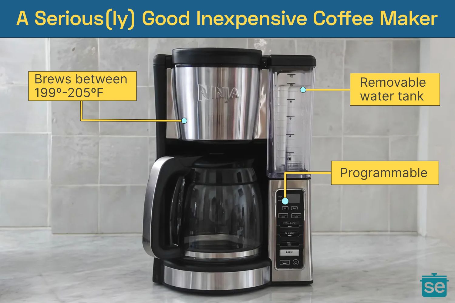 A coffee maker with programmable settings removable water tank and temperature range indicated