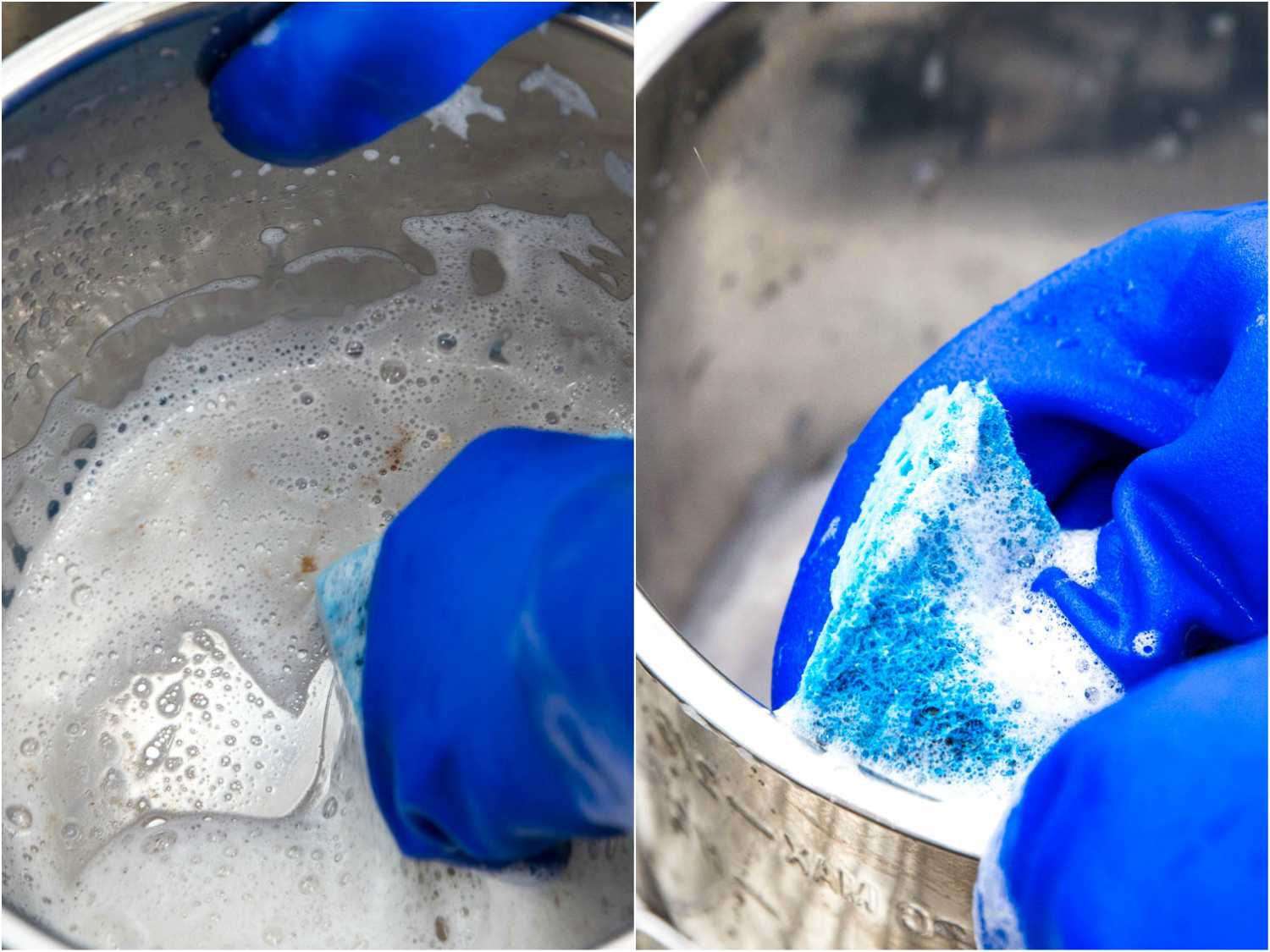 Collage of two photos showing different stages of scrubbing out a stainless steel pot with hot, soapy water.