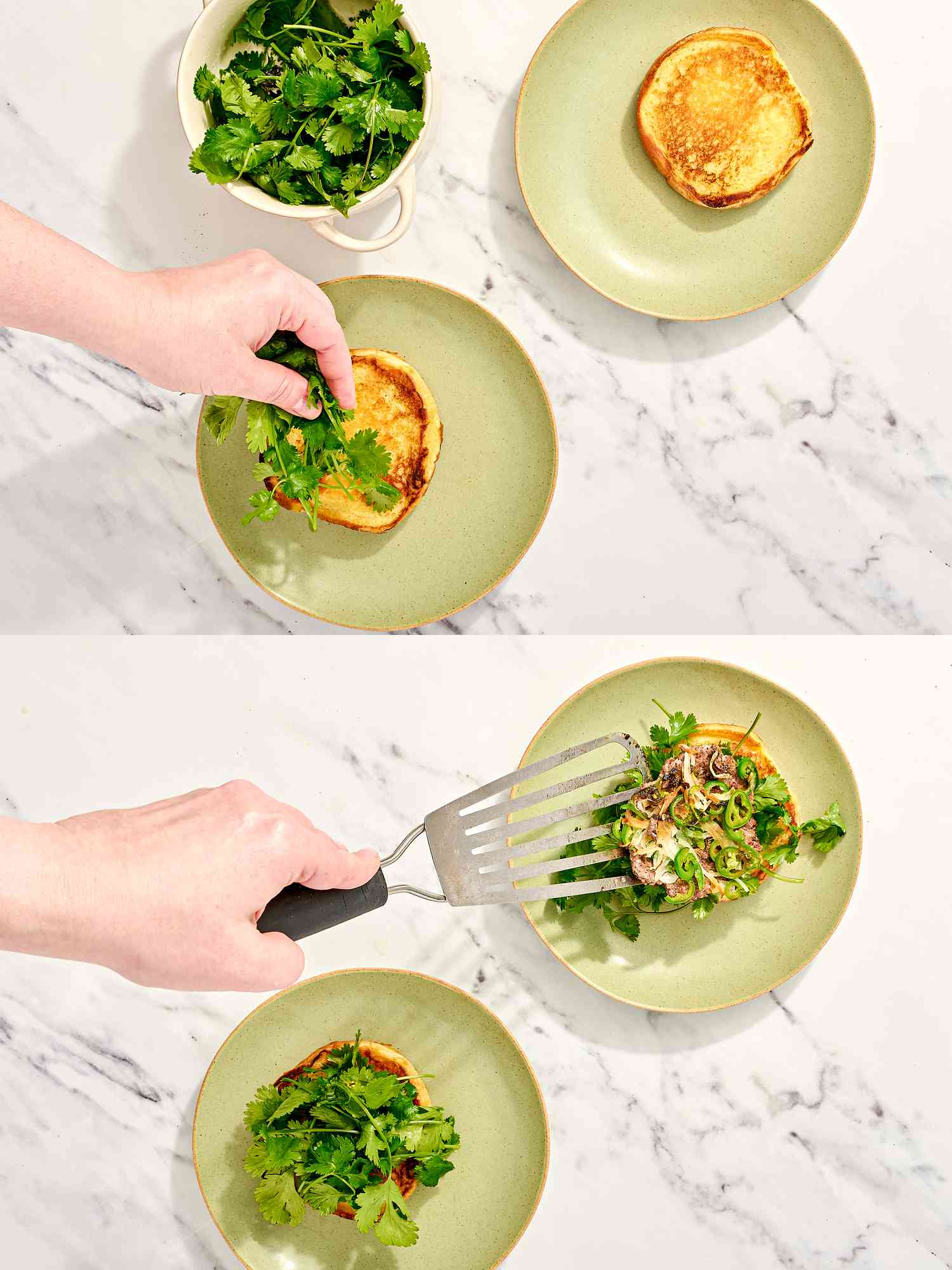 Preparing a burger with salad toppings, step-by-step