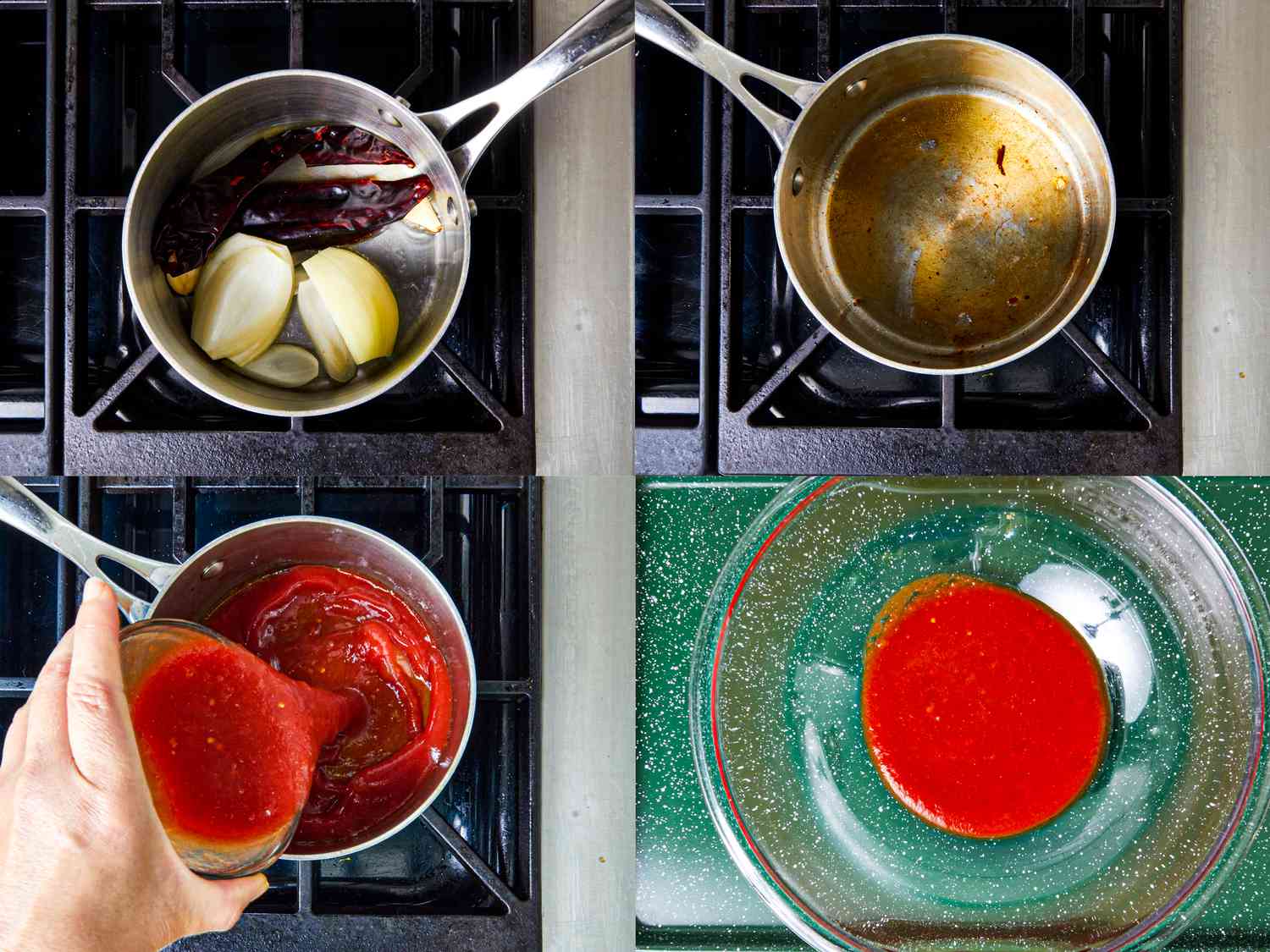 Four image collage of heating chiles and cooking salsa