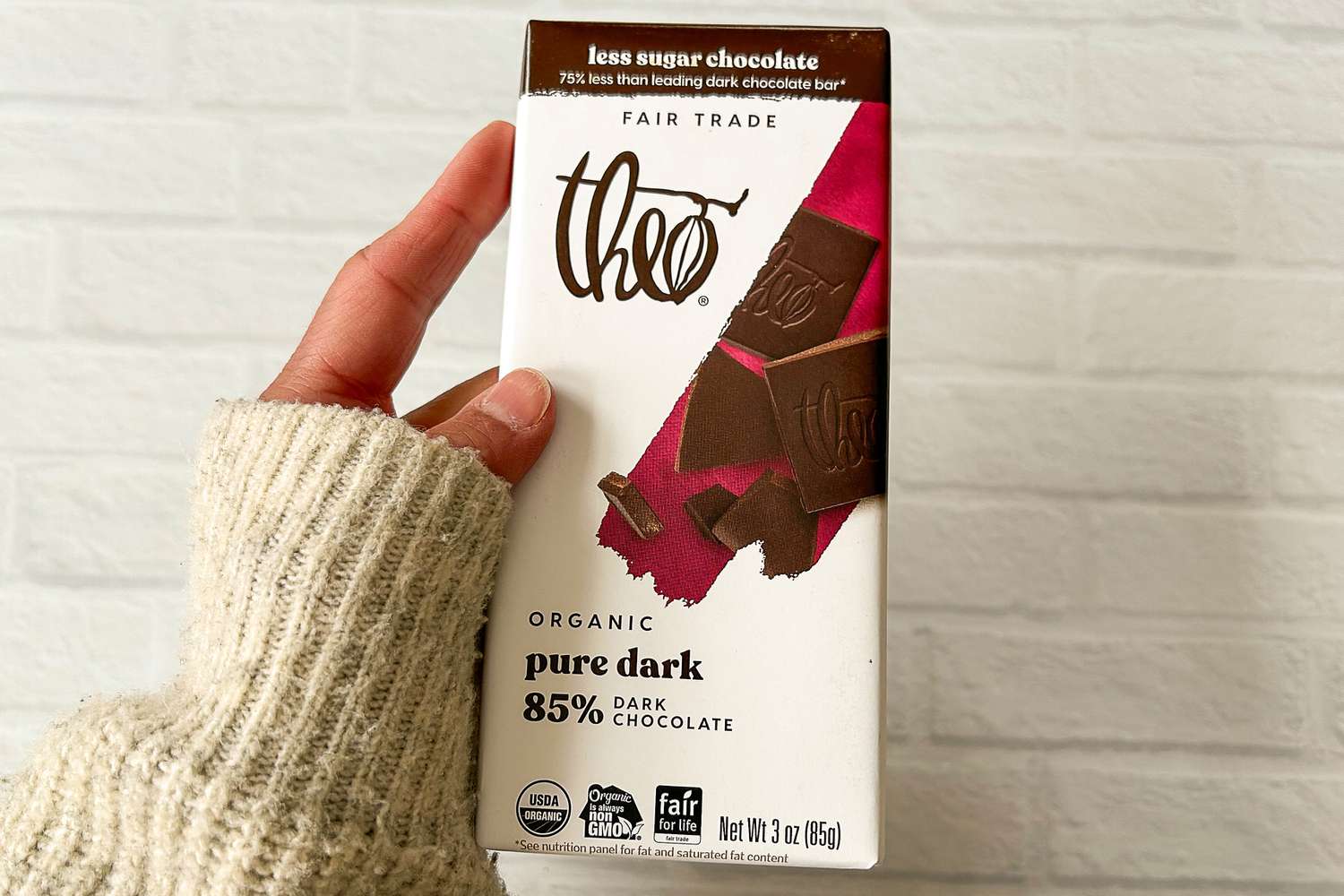 Theo Pure Dark 85% Chocolate Bar in its wrapper