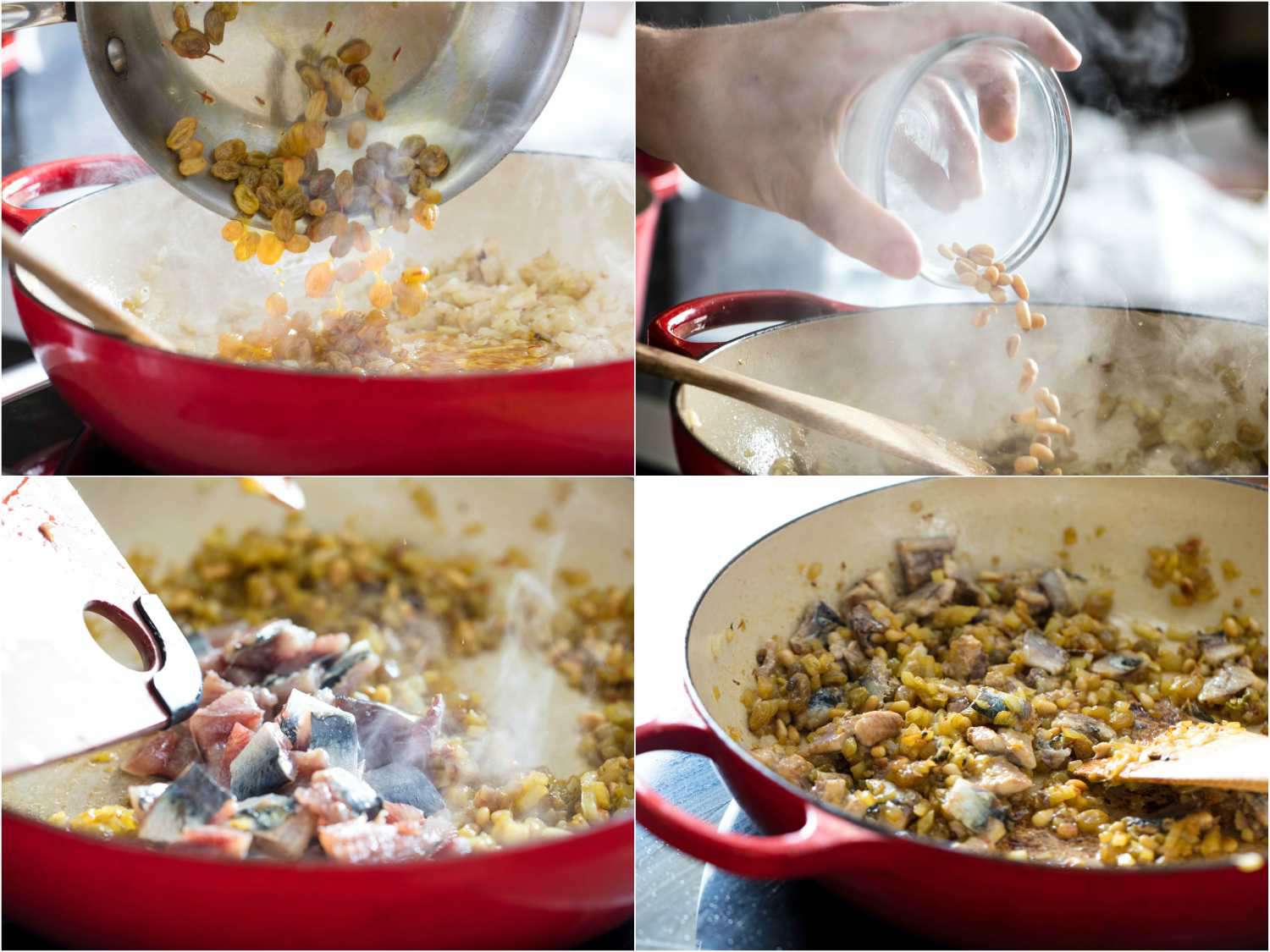 A 4-image collage of pasta con sarde ingredients being added to pan: soaked raisin and saffron, toasted pine nuts, sardine, and then tossing all ingredients to combine. 