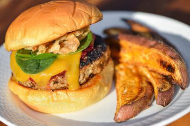 Thanksgiving turkey burgers with a side of thick-cut fries