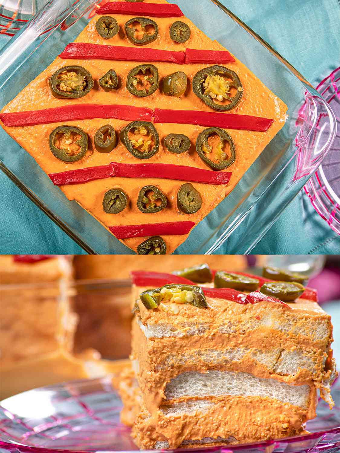 Two Image Collage. Top image: Overhead view of Pastel De Atun. Bottom Image: angled shot of a slice of Pastel de atun on a festive plate. 