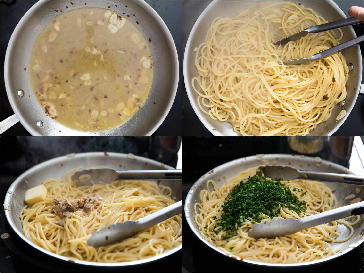 Collage of pasta being added to pan filled with butter and garlic