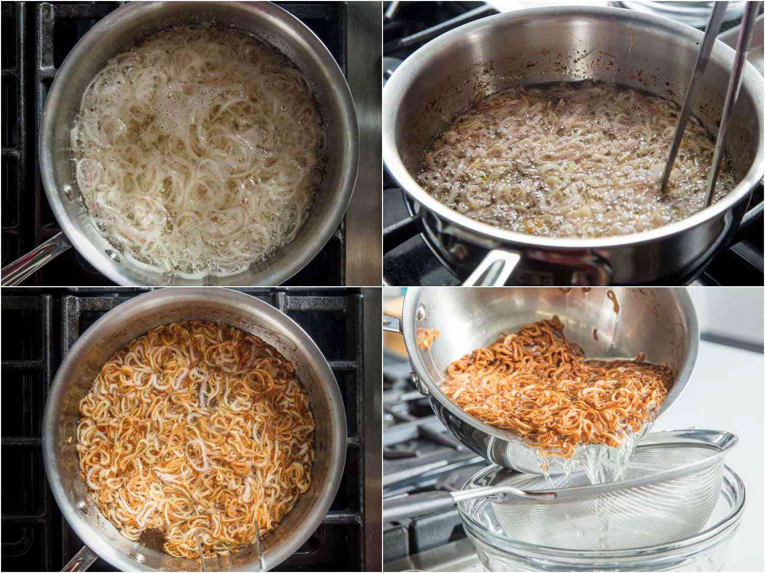 A collage showing shallots being fried on the stovetop until golden and then poured into a strainer-lined bowl.