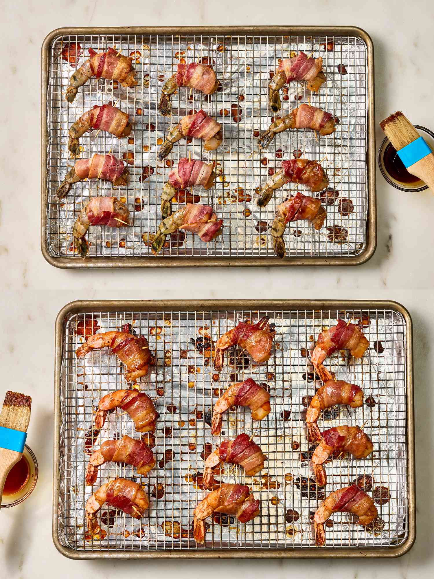 2 image collage. Top: Brushing shrimp with honey mixture on a metal rack on a sheet pan. Bottom: brushing shrimp for a third time with honey mixture on a rack on a sheet pan 