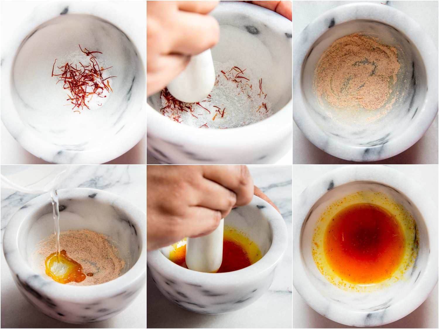 A 6-image collage of grinding saffron into a powder with sugar in a marble mortar, adding a little water to turn into a concentrated liquid.