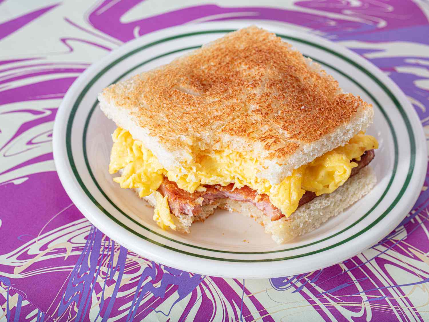 Side view of spam and egg