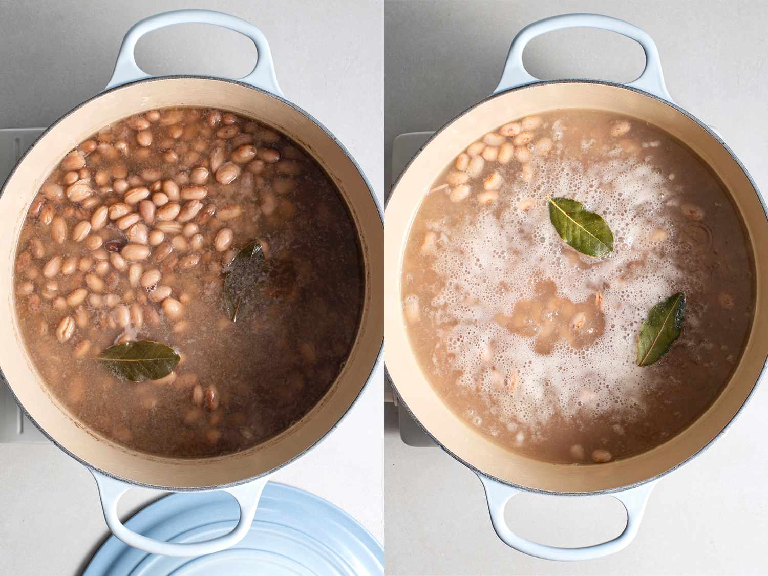 A two-image collage. The left image shows the beans in a dutch oven along with bay leaves and other ingredients, while the right image shows the pot now at a simmer.