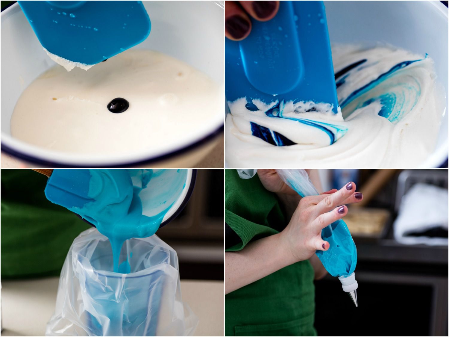 mixing blue gel food coloring into icing