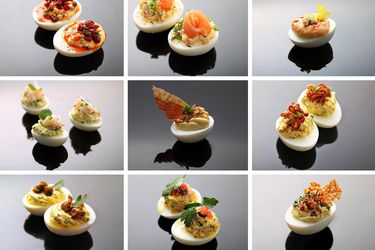 A collage assortment of various deviled eggs. 
