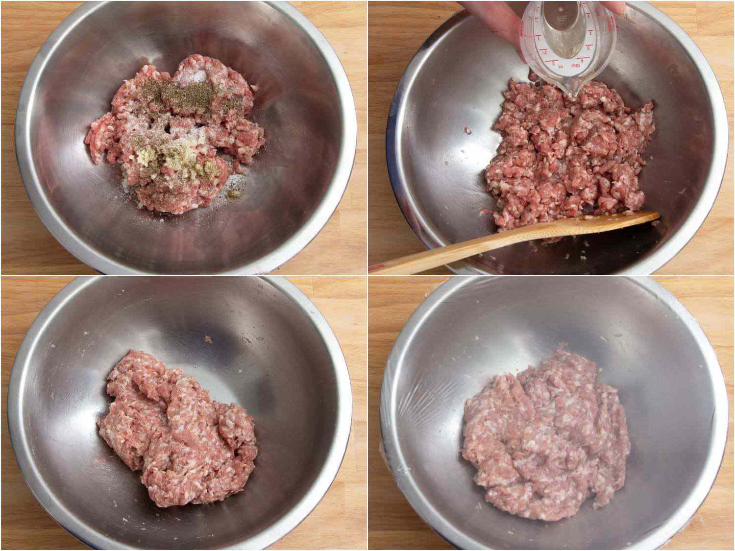 A four image collage. The top left shows pork, garlic, salt, pepper, and nutmeg in a metal bowl. The top right image shows chilled wine being poured into the mixture. The bottom left shows the meat mixture mixed and incorporated completely. The bottom right shows the meat mixture in a bowl covered with plastic wrap. 
