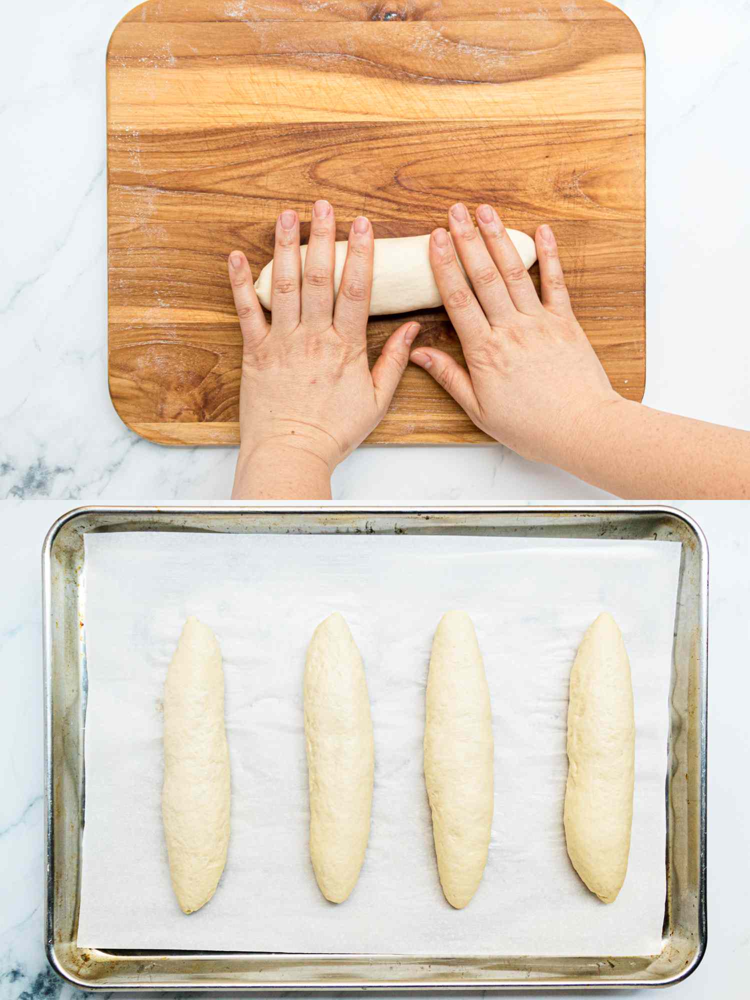 Two image collage of tapering dough and four rolls on a sheet tray