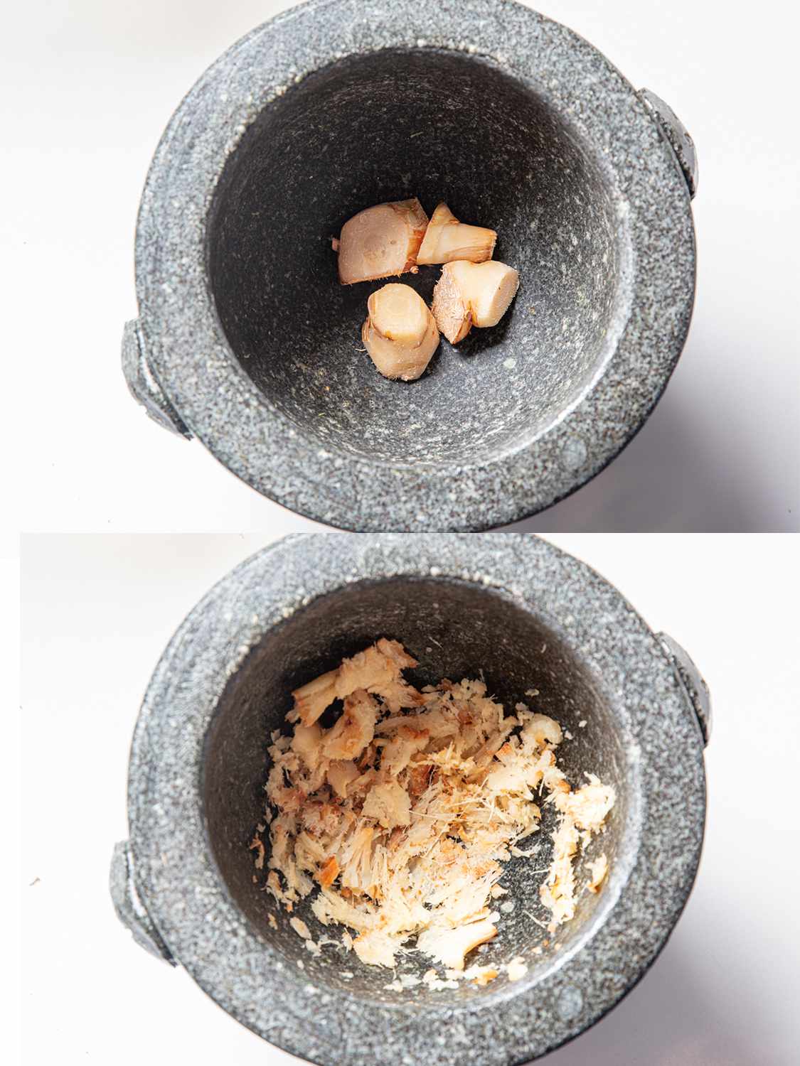 Two Image collage. Top: galangal in a mortar. Bottom: paste after being ground in the mortar with a pestle