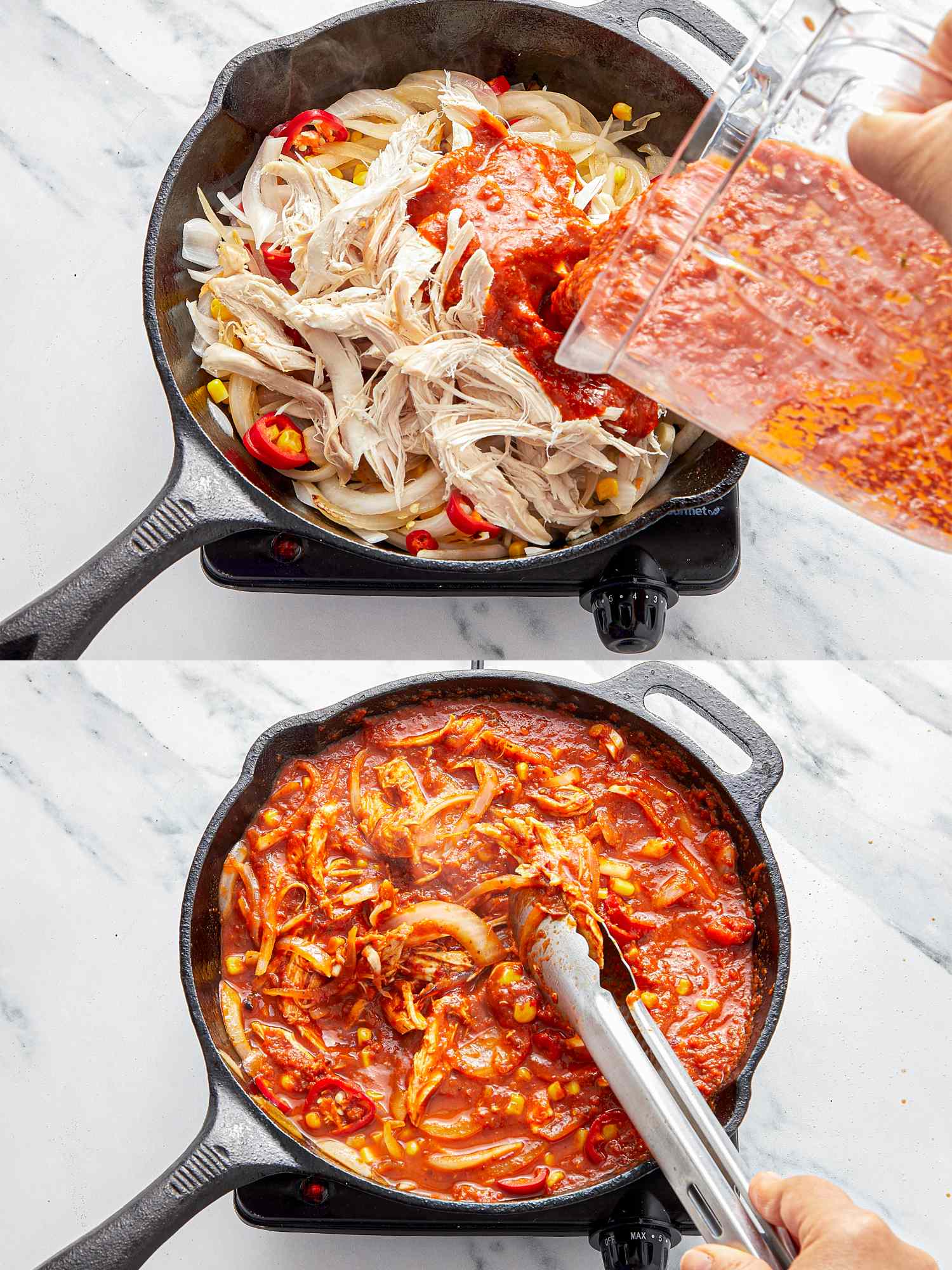 A skillet with shredded chicken onions and sauce ingredients being cooked and mixed with tongs in the second step