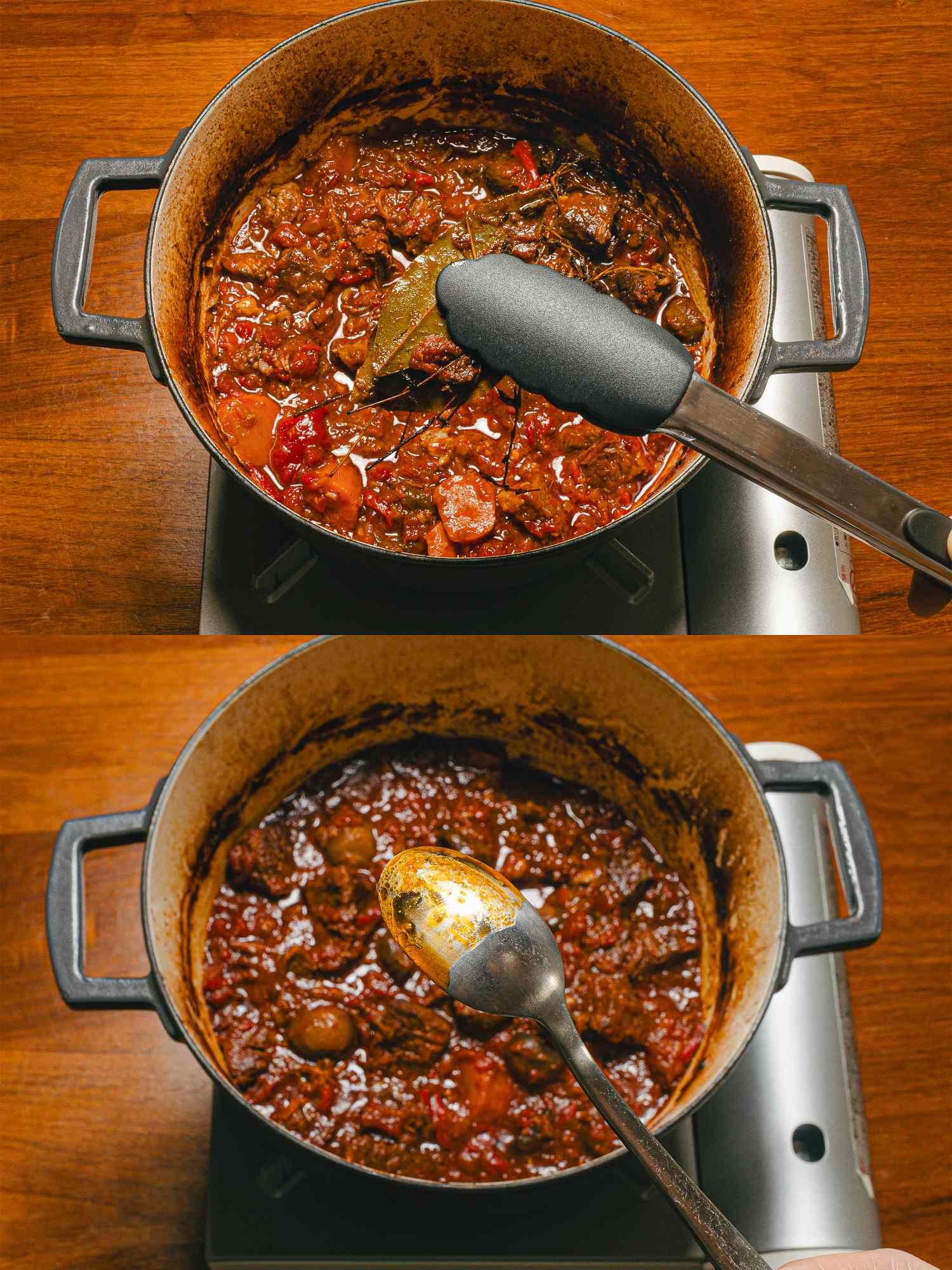 Two stages of cooking a beef stew in a pot with utensils