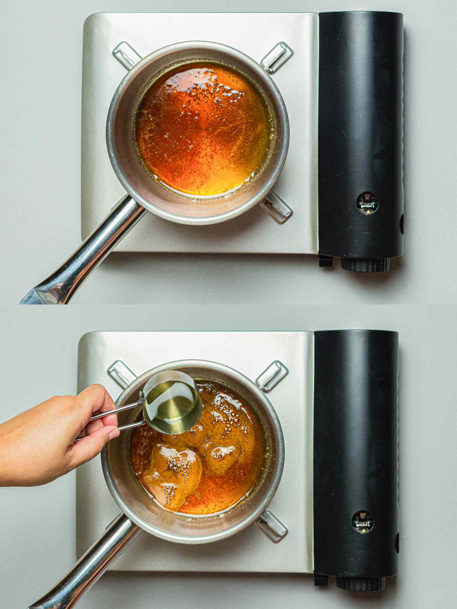 Two image collage of overhead view sugar cooking and adding oil