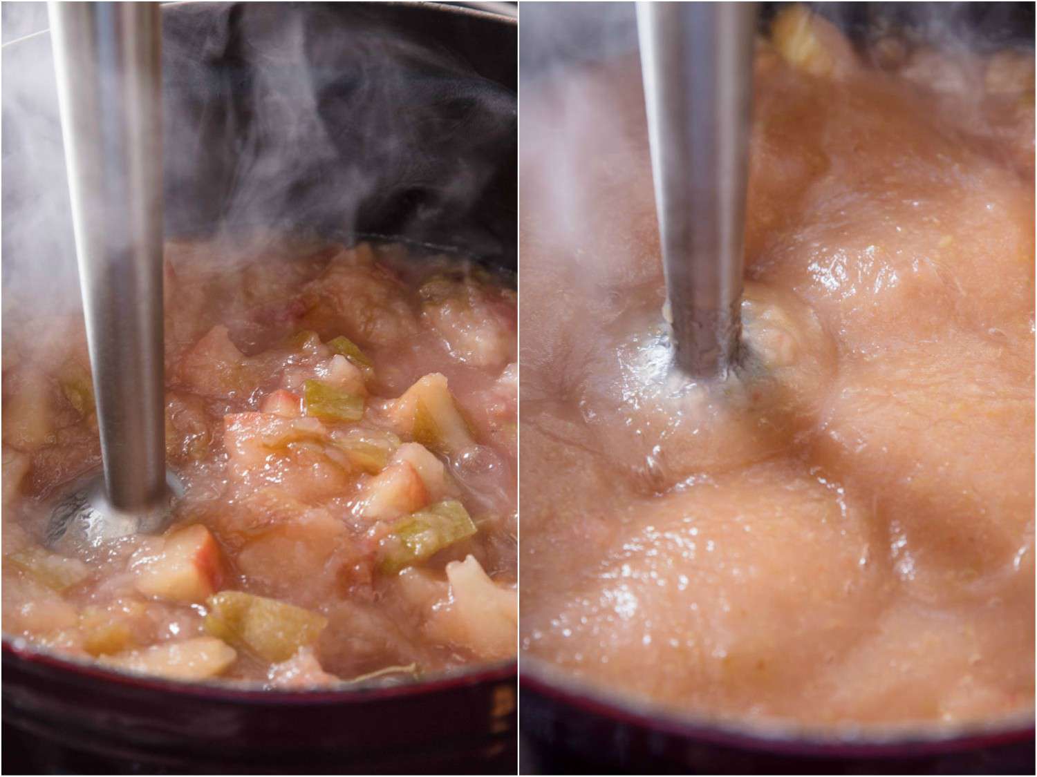 Collage of photos showing the before and after of using an immersion blender to purée cooked apples into applesauce.