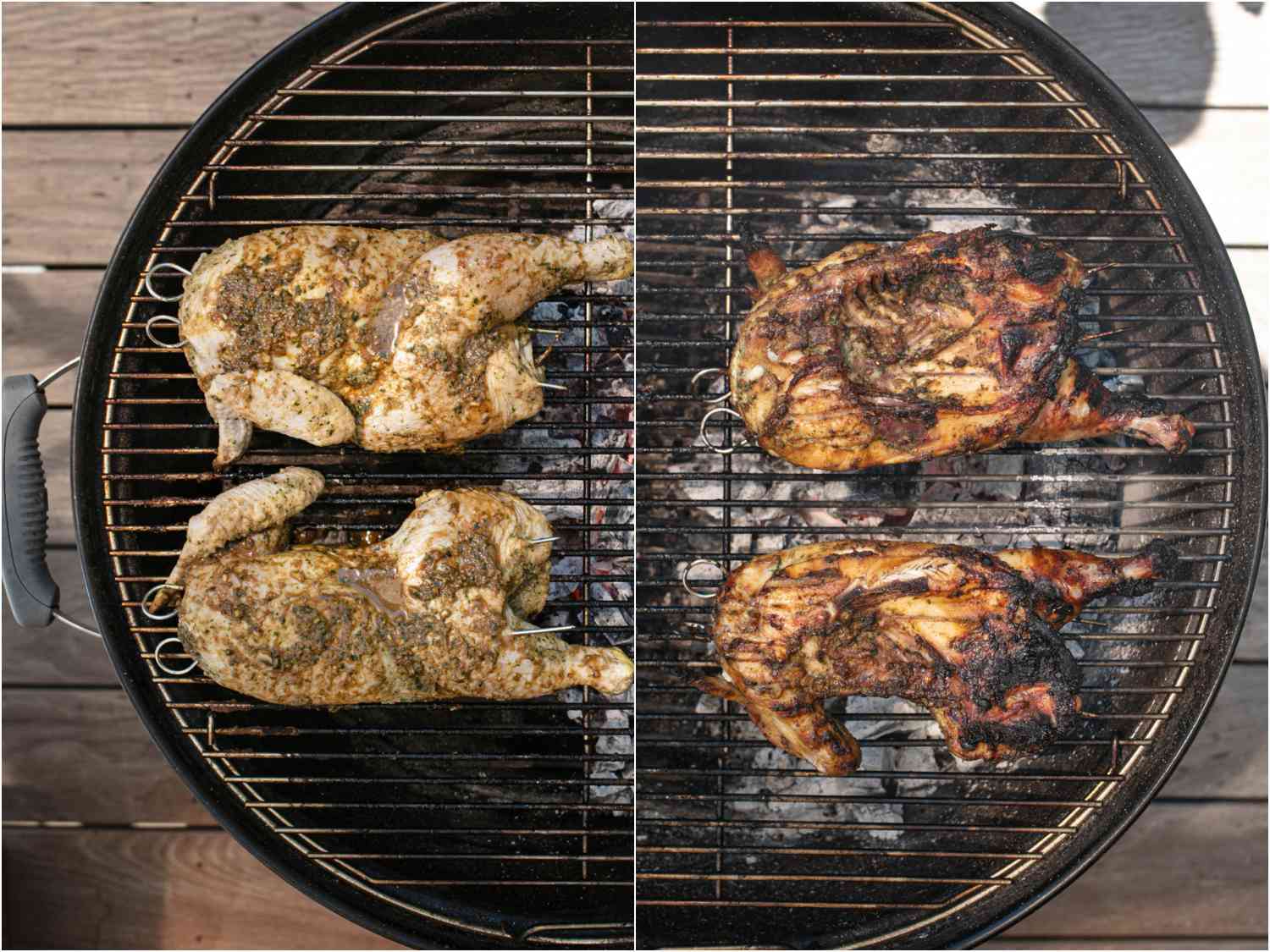 collage: chicken halves on cool side of grill to start; chicken halves transferred over to hotter side of grill to finish