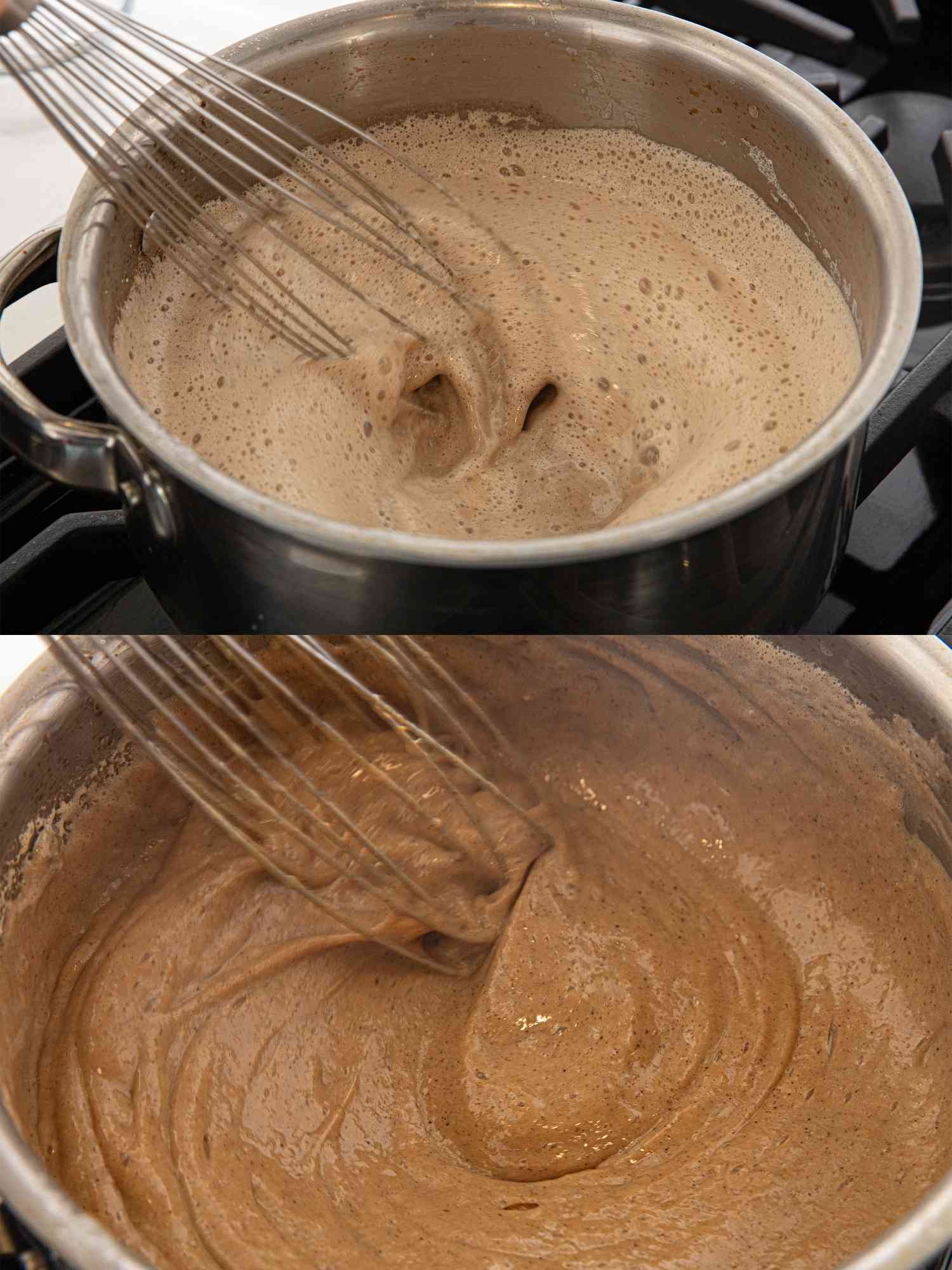 Two stages of cooking Boricha pudding in a metal pot, shown being whisked until smooth and creamy