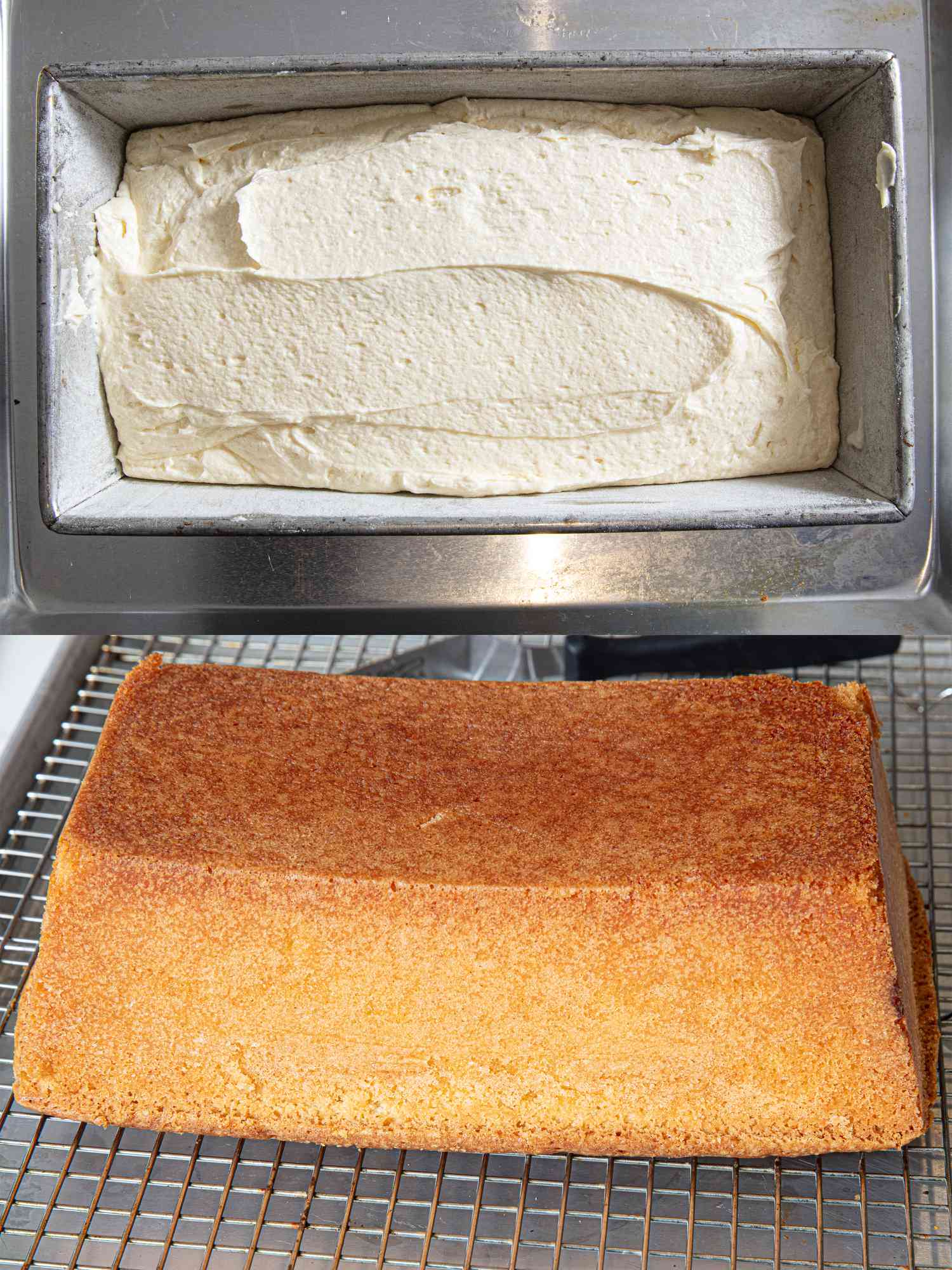 Overhead view of pound cake before and after being baked