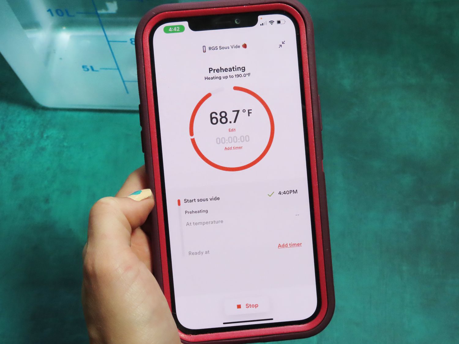 A closeup of the Breville Joule Turbo's app showing the temperature of preheating water