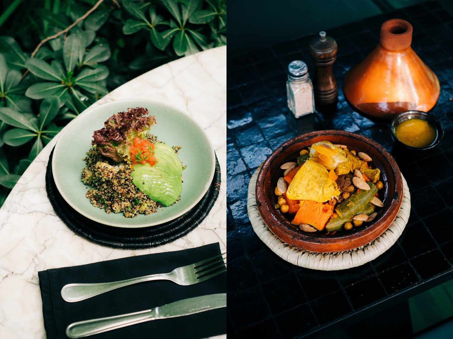 Overhead view of two dishes at Le Jardin