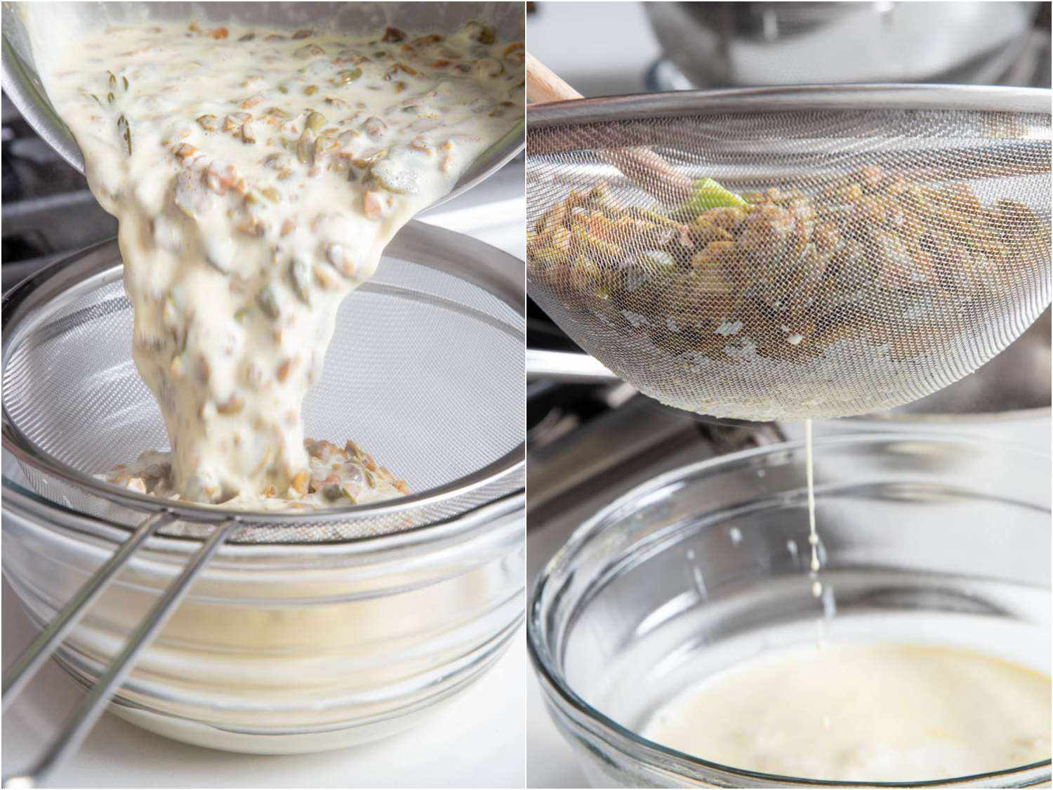 Straining toasted pistachios from milk and cream after steeping.