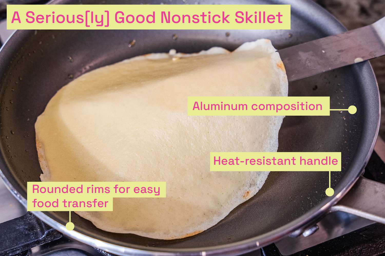 A crepe being cooked in a black nonstick pan