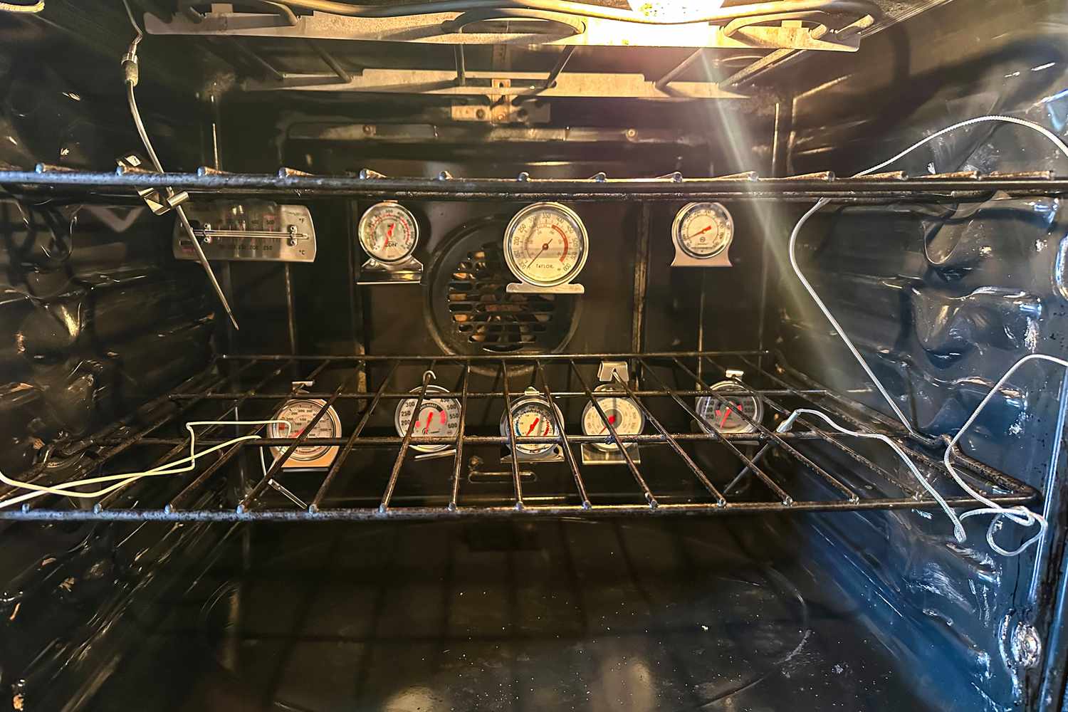 Nine oven thermometers, plus a few thermometer probes, hang in the racks of an oven.