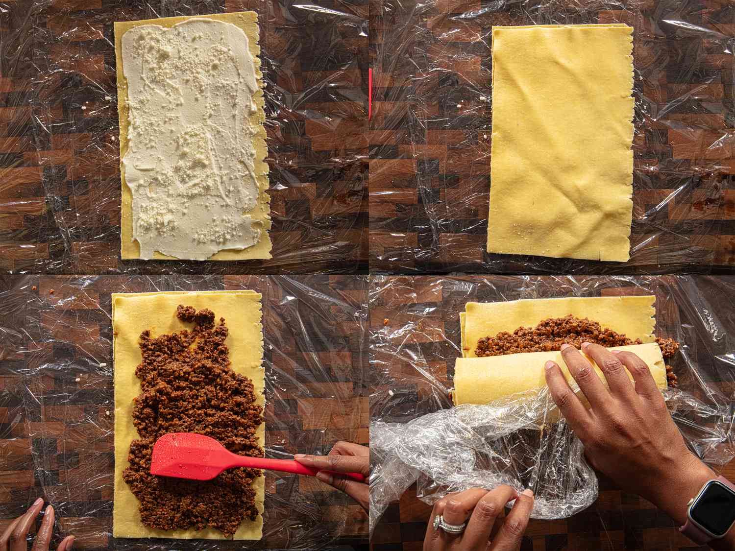 Four image collage of assembling rolls