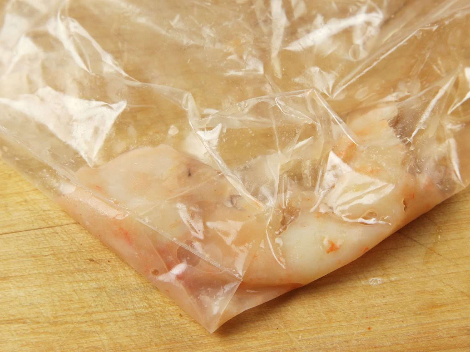 Liquified shrimp that has been cooked for 12 hours sous vide in a bag