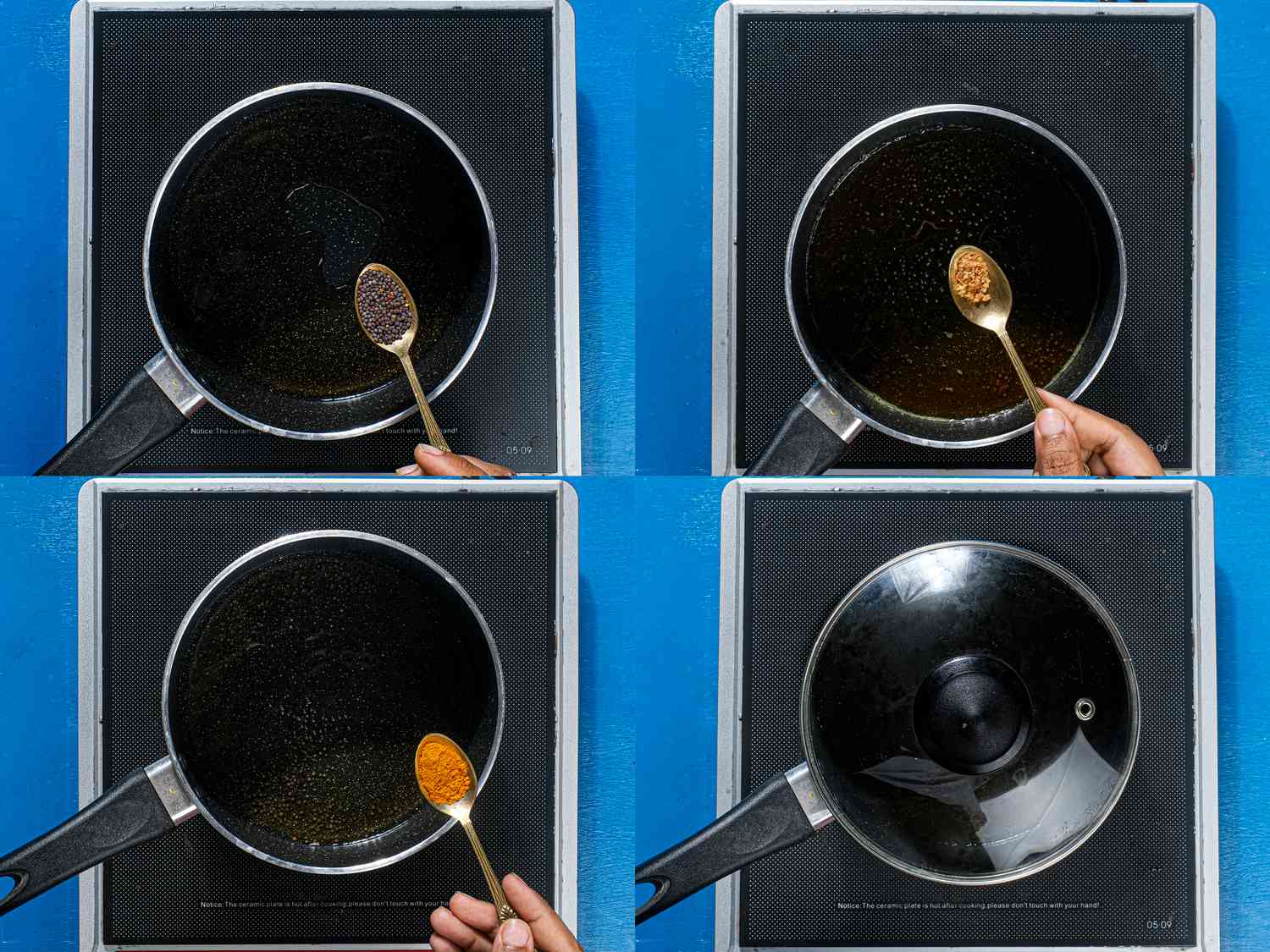 Colllage of spices being added to the hot oil.