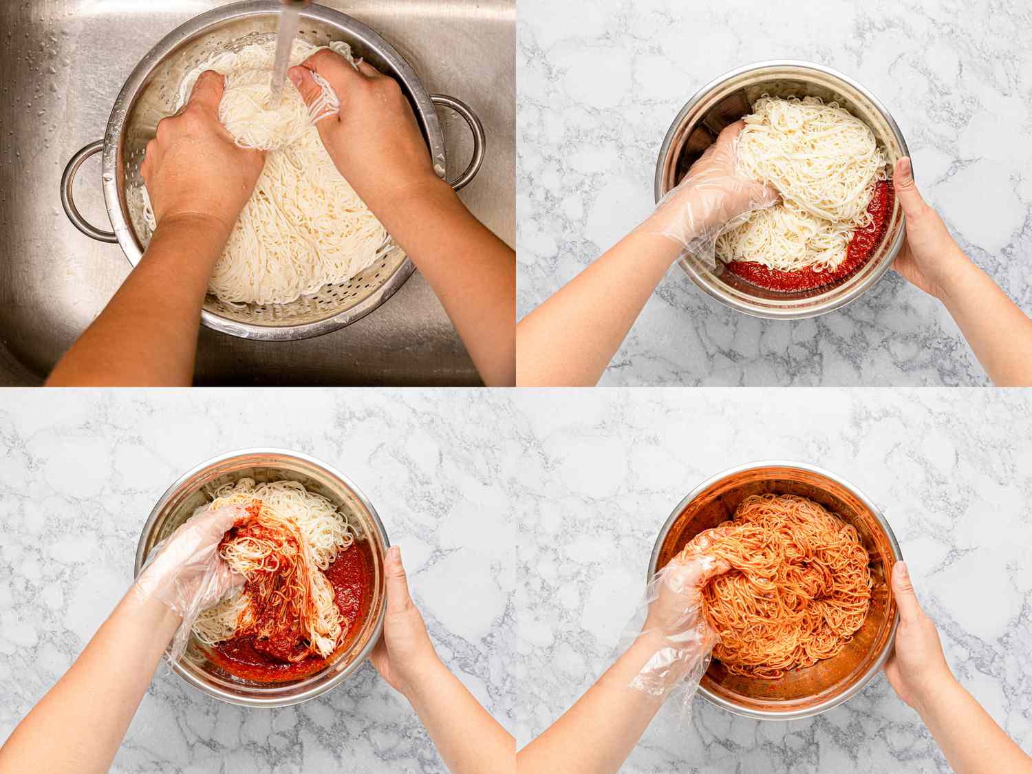 Four image collage of rinsing and saucing noodles