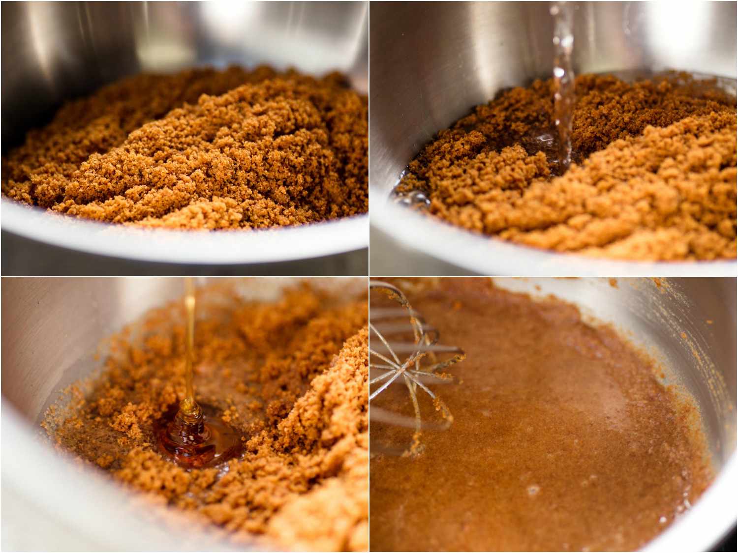 A collage showing crumbled Biscoff cookies being dissolved with water, combined with syrup, and stirred in a saucepan with a whisk.