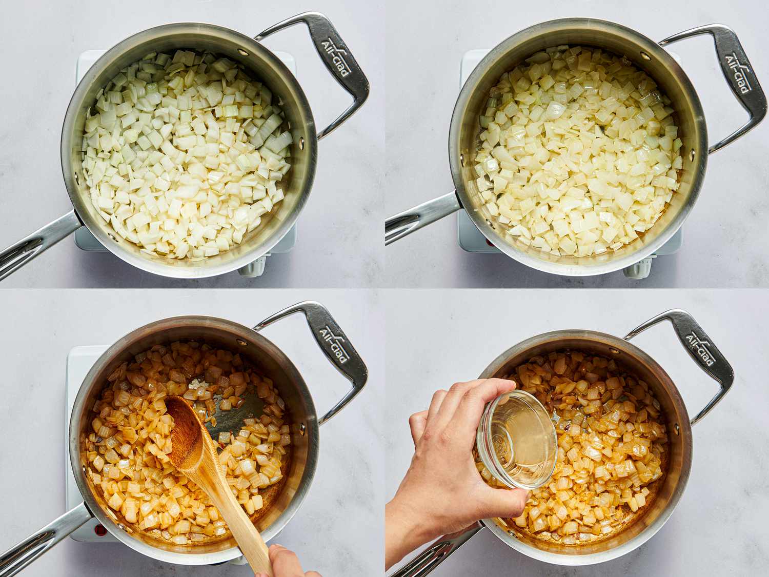 Four image collage of cutting and cooking onions