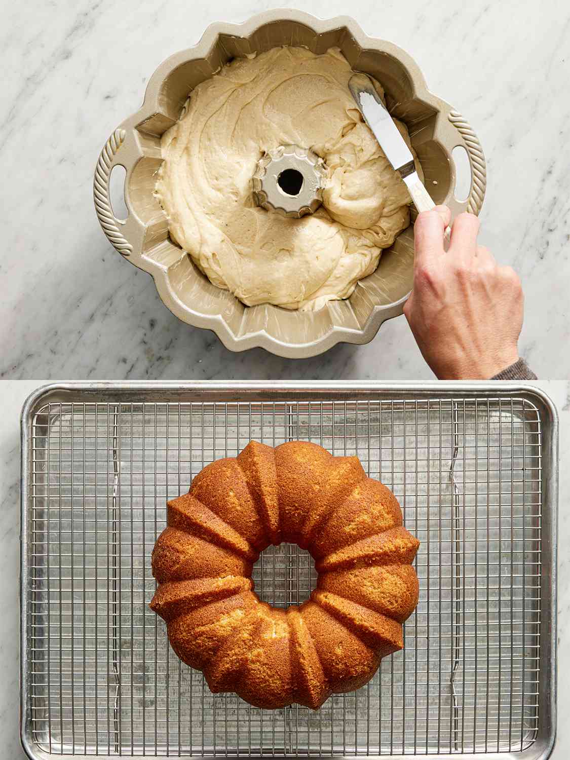 Two Image collage of cake batter being smoothed in a bundt pan and finished, baked cake on a wire rack.