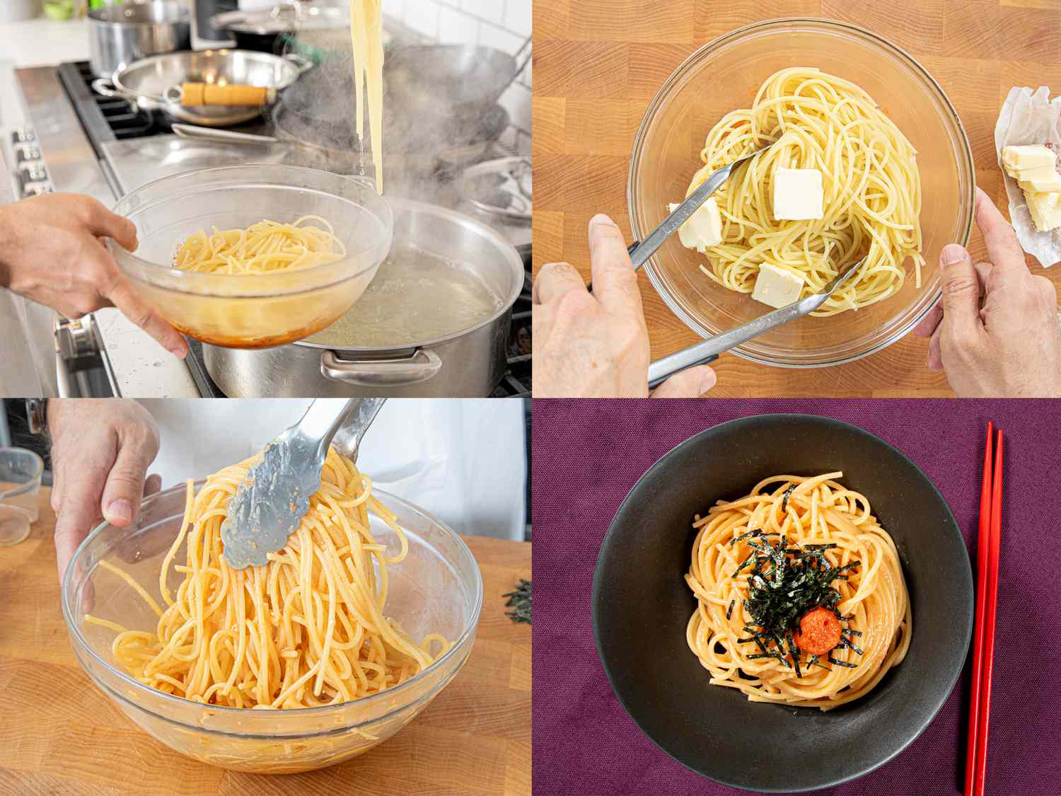 Four image collage of transferring spaghetti to bowl, add butter, mix and place 