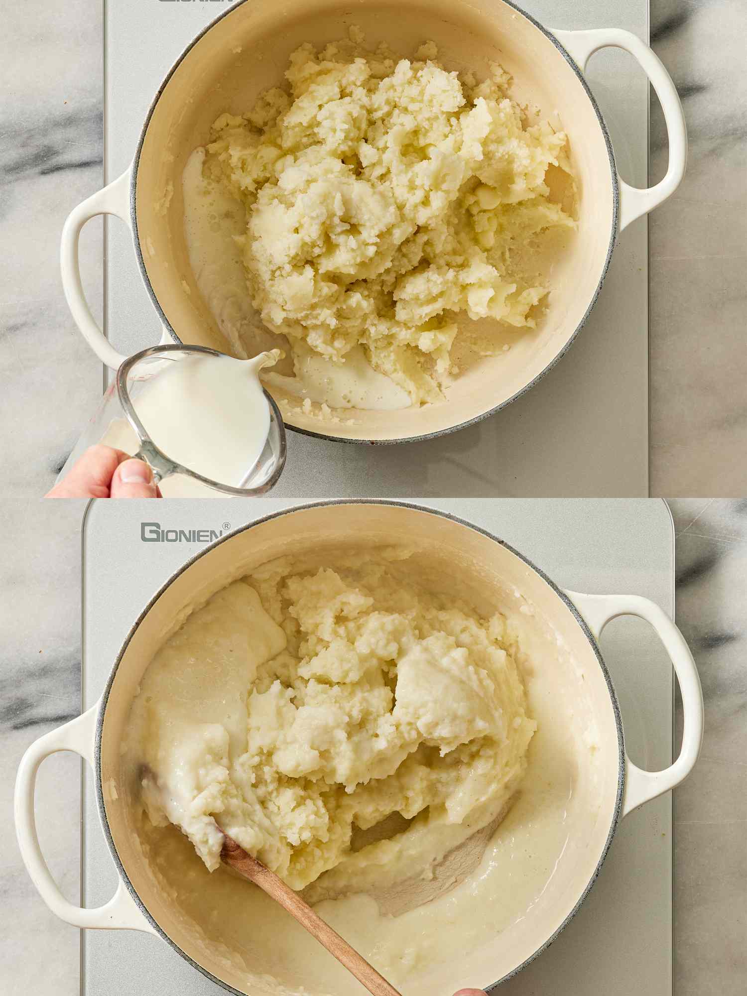 Overhead view of finishing potatoes