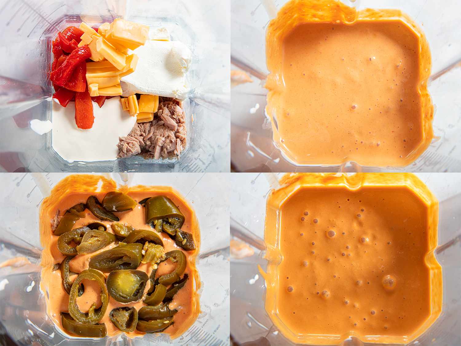 Overhead collage of four images looking into a blender. From Upper Left Clockwise: Cream cheese, Media Crema, Tuna fish, Roasted Red Peppers, Sliced American Cheese unmixed; ingredients mixed; Sliced JalapeÃ±os added to mixture; final mixture in blender. 