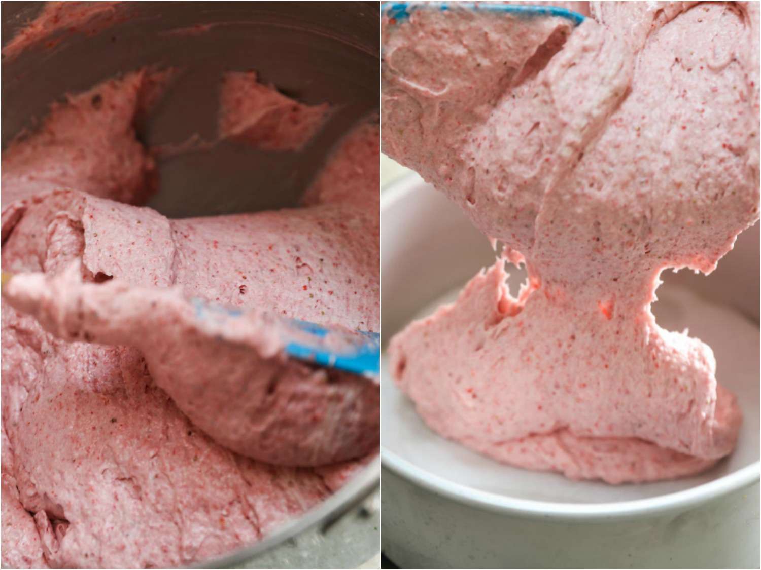 Collage of scraping strawberry cake batter from mixing bowl and transferring it into a cake pan.