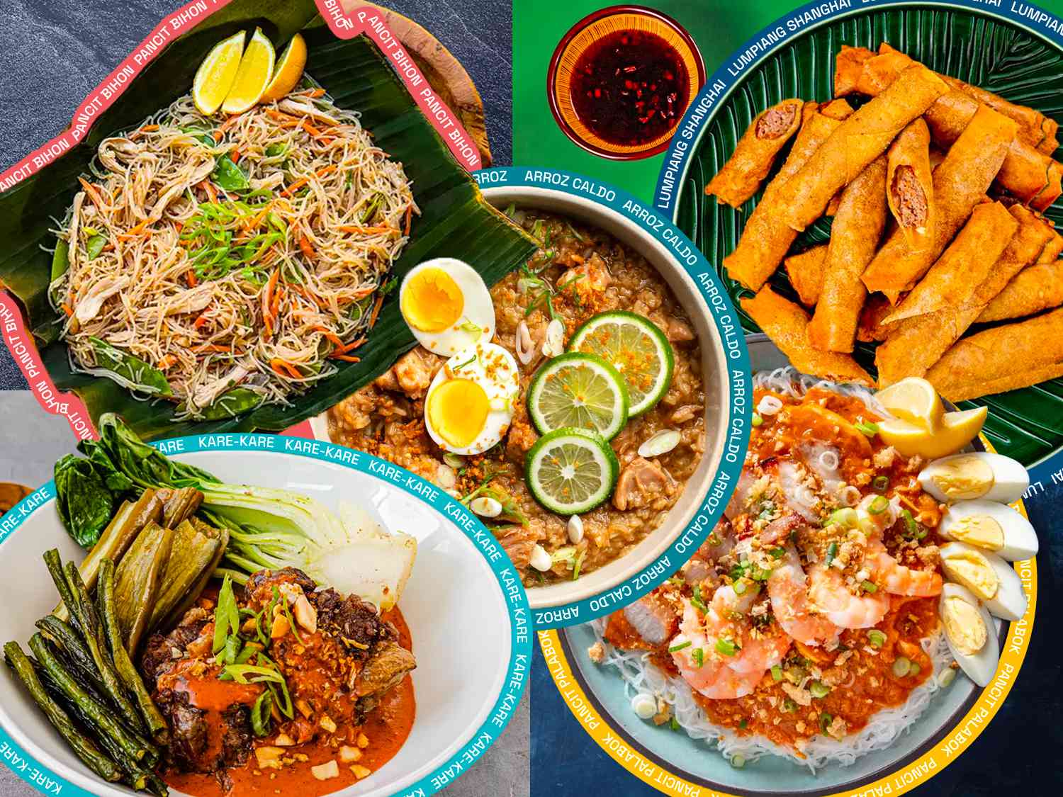 Photo Illustration of 5 Filipino dishes, overlapping and encircled by a colored ring with the dishes name on it