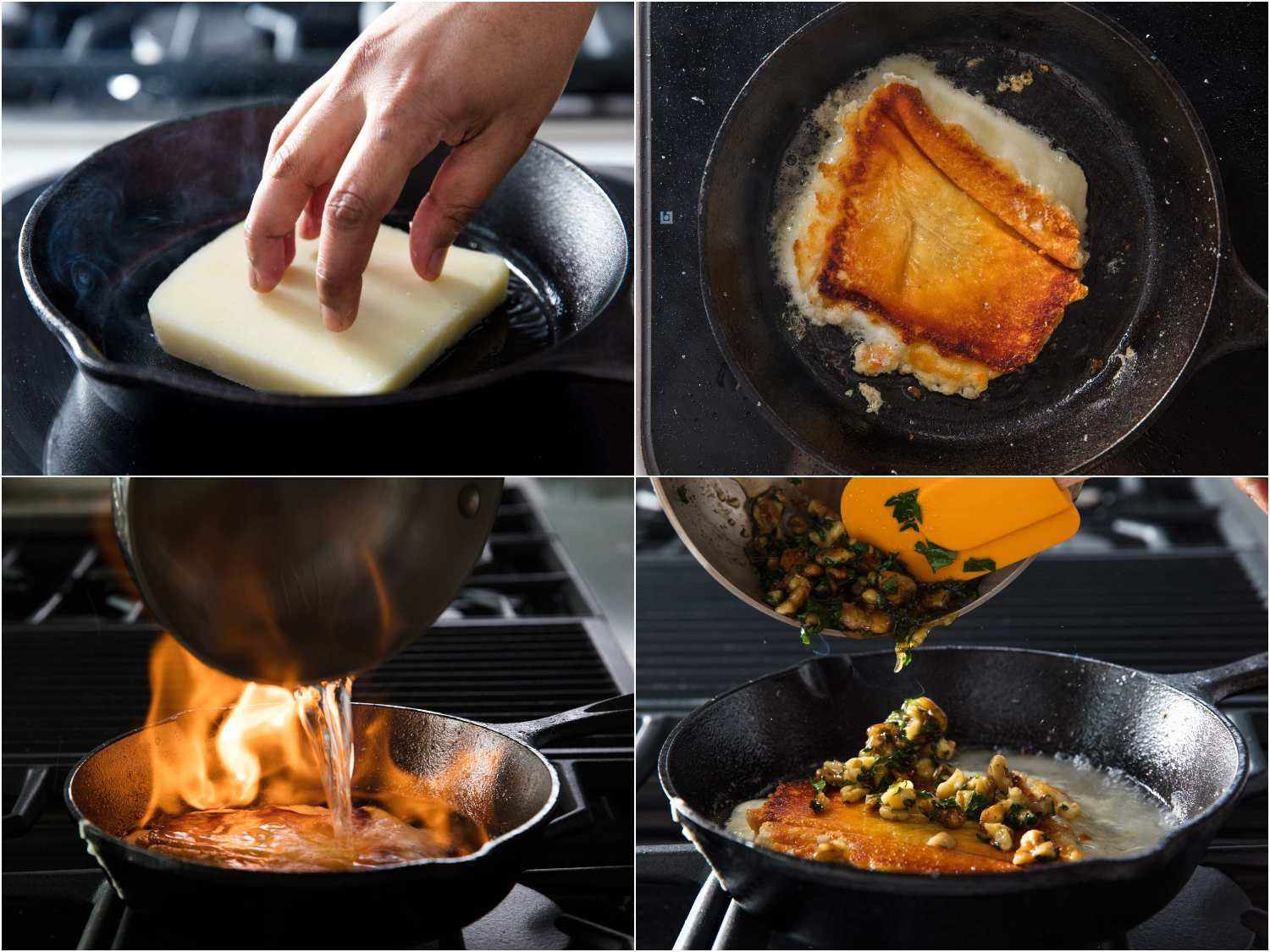Pan frying cheese in a cast iron, pouring over flaming liquor, finishing with walnut vinaigrette